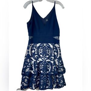 Xscape Navy Flocked Fit & Flare Cocktail Mini Dress Size 10 NWT
